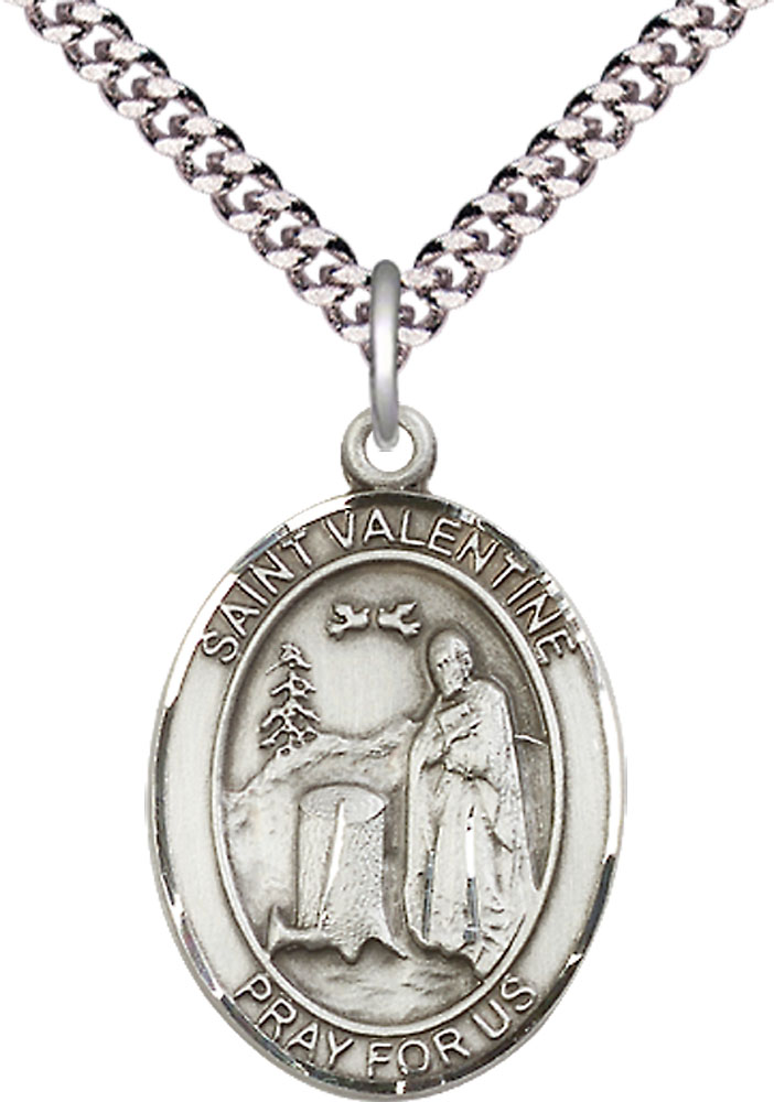 Sterling Silver Saint Valentine of Rome Pendant on a 24 inch Light Rhodium Heavy Curb chain