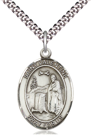 Sterling Silver Saint Valentine of Rome Pendant on a 24 inch Light Rhodium Heavy Curb chain
