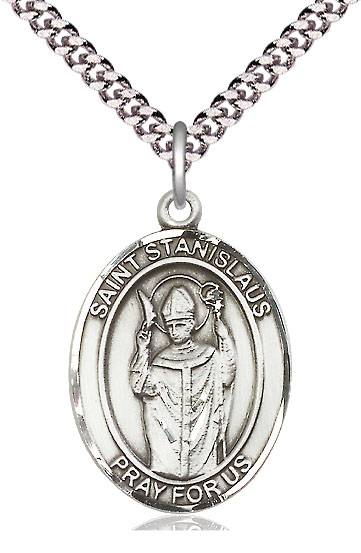 Sterling Silver Saint Stanislaus Pendant on a 24 inch Light Rhodium Heavy Curb chain