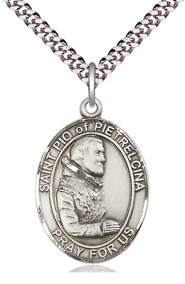 Sterling Silver Saint Pio of Pietrelcina Pendant on a 24 inch Light Rhodium Heavy Curb chain