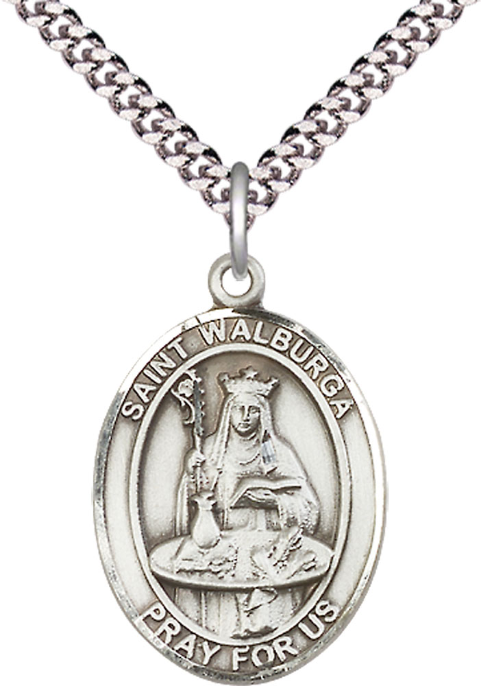 Sterling Silver Saint Walburga Pendant on a 24 inch Light Rhodium Heavy Curb chain