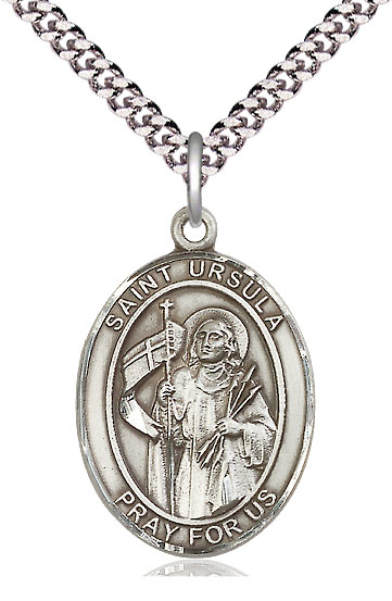 Sterling Silver Saint Ursula Pendant on a 24 inch Light Rhodium Heavy Curb chain