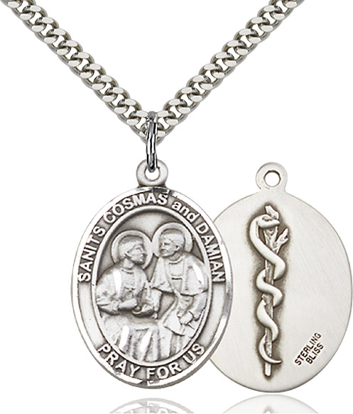 Sterling Silver Saints Cosmas &amp; Damian Doctors Pendant on a 24 inch Light Rhodium Heavy Curb chain