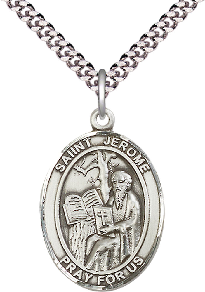 Sterling Silver Saint Jerome Pendant on a 24 inch Light Rhodium Heavy Curb chain