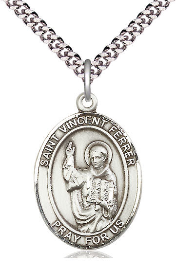 Sterling Silver Saint Vincent Ferrer Pendant on a 24 inch Light Rhodium Heavy Curb chain
