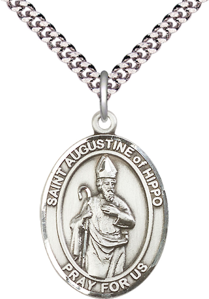 Sterling Silver Saint Augustine of Hippo Pendant on a 24 inch Light Rhodium Heavy Curb chain