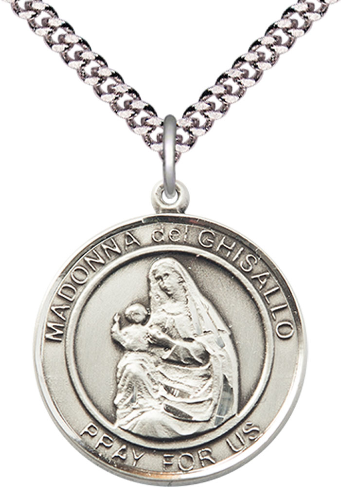 Sterling Silver Madonna del Ghisallo Pendant on a 24 inch Light Rhodium Heavy Curb chain