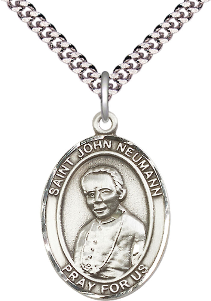 Sterling Silver Saint John Neumann Pendant on a 24 inch Light Rhodium Heavy Curb chain