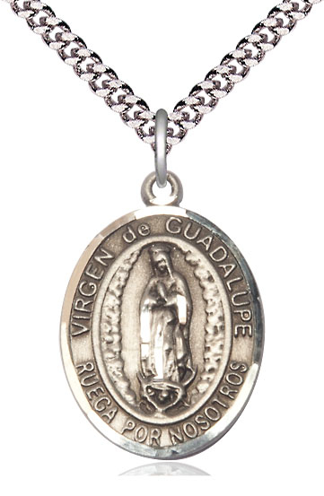 Sterling Silver Virgen de Guadalupe Pendant on a 24 inch Light Rhodium Heavy Curb chain