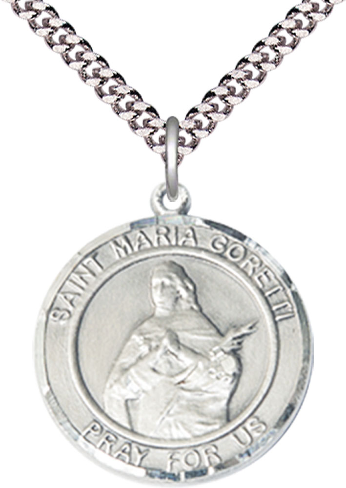 Sterling Silver Saint Maria Goretti Pendant on a 24 inch Light Rhodium Heavy Curb chain