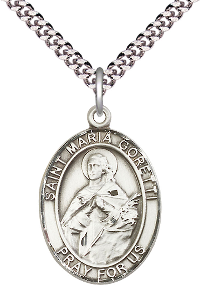 Sterling Silver Saint Maria Goretti Pendant on a 24 inch Light Rhodium Heavy Curb chain