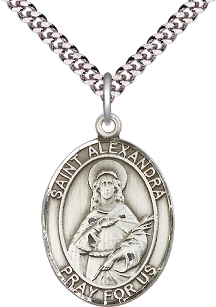 Sterling Silver Saint Alexandra Pendant on a 24 inch Light Rhodium Heavy Curb chain