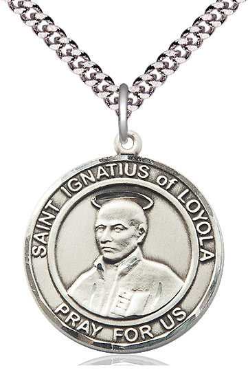 Sterling Silver Saint Ignatius of Loyola Pendant on a 24 inch Light Rhodium Heavy Curb chain
