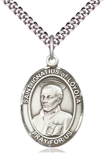 Sterling Silver Saint Ignatius of Loyola Pendant on a 24 inch Light Rhodium Heavy Curb chain