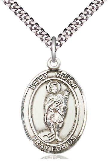 Sterling Silver Saint Victor of Marseilles Pendant on a 24 inch Light Rhodium Heavy Curb chain