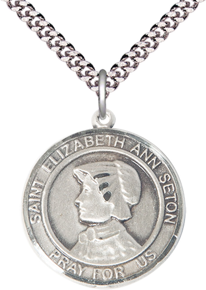 Sterling Silver Saint Elizabeth Ann Seton Pendant on a 24 inch Light Rhodium Heavy Curb chain