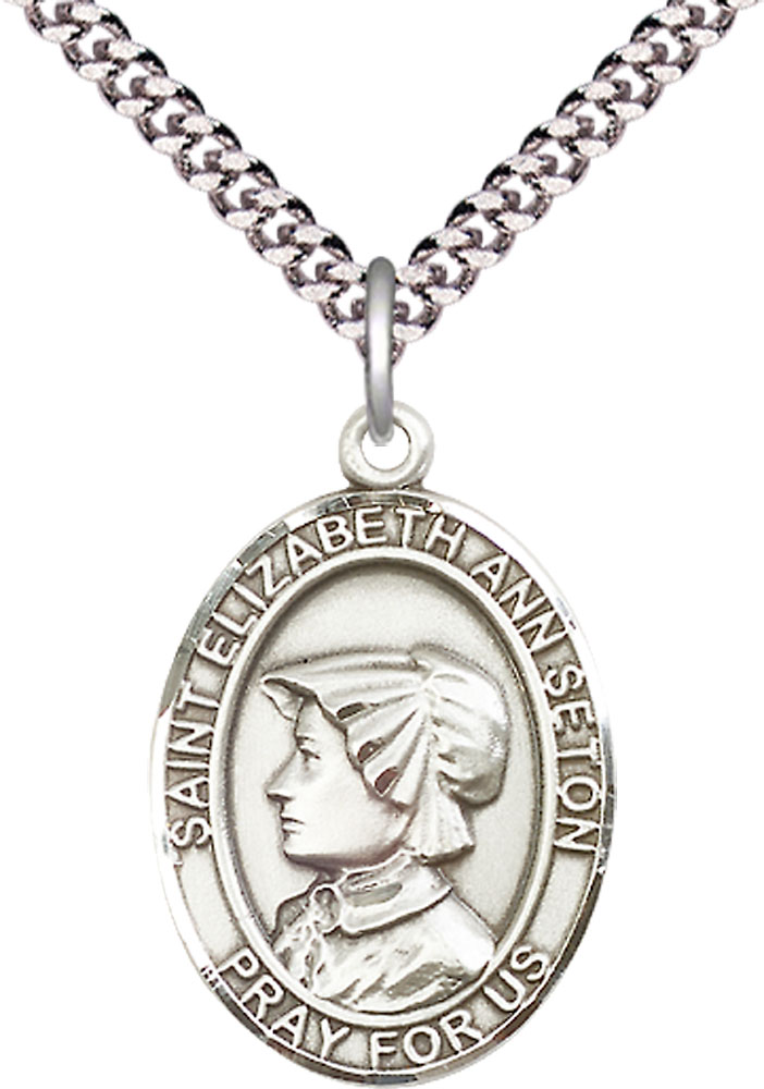 Sterling Silver Saint Elizabeth Ann Seton Pendant on a 24 inch Light Rhodium Heavy Curb chain