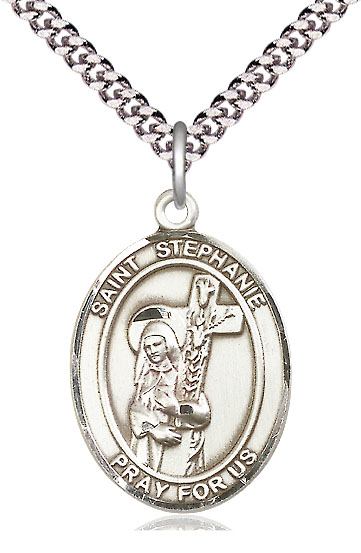 Sterling Silver Saint Stephanie Pendant on a 24 inch Light Rhodium Heavy Curb chain