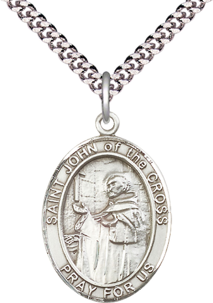 Sterling Silver Saint John of the Cross Pendant on a 24 inch Light Rhodium Heavy Curb chain