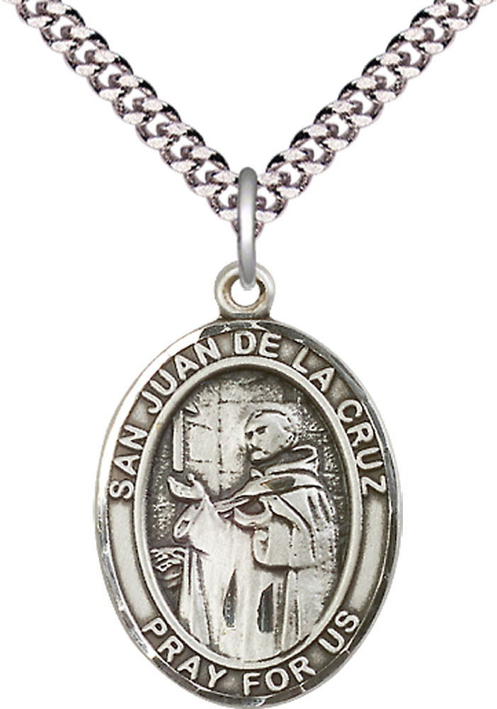 Sterling Silver San Juan de la Cruz Pendant on a 24 inch Light Rhodium Heavy Curb chain