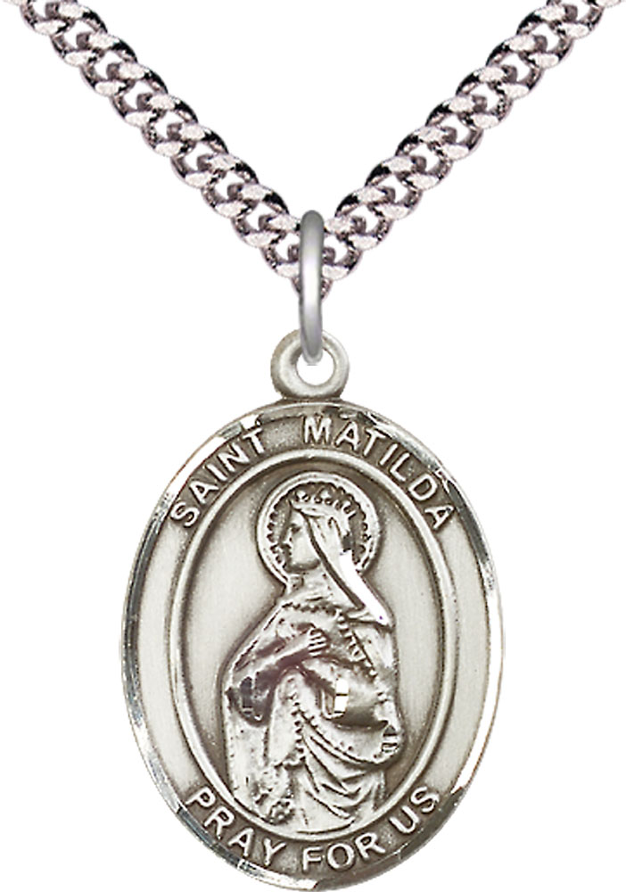 Sterling Silver Saint Matilda Pendant on a 24 inch Light Rhodium Heavy Curb chain