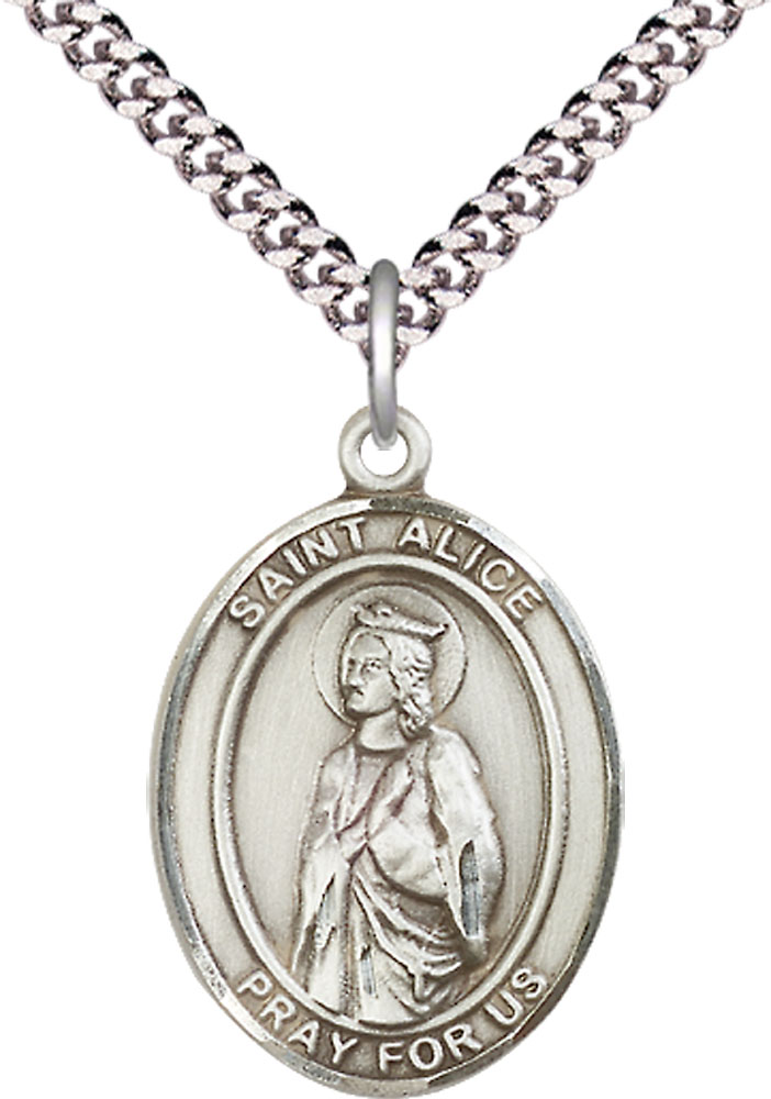 Sterling Silver Saint Alice Pendant on a 24 inch Light Rhodium Heavy Curb chain