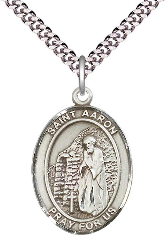 Sterling Silver Saint Aaron Pendant on a 24 inch Light Rhodium Heavy Curb chain