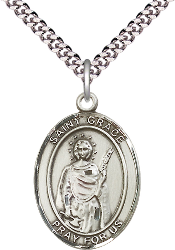 Sterling Silver Saint Grace Pendant on a 24 inch Light Rhodium Heavy Curb chain