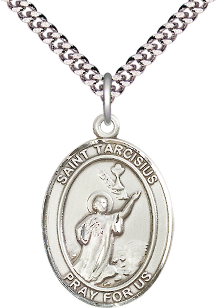 Sterling Silver Saint Tarcisius Pendant on a 24 inch Light Rhodium Heavy Curb chain