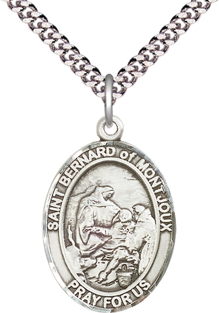 Sterling Silver Saint Bernard of Montjoux Pendant on a 24 inch Light Rhodium Heavy Curb chain
