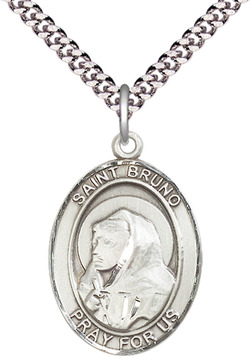 Sterling Silver Saint Bruno Pendant on a 24 inch Light Rhodium Heavy Curb chain