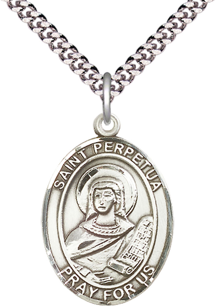 Sterling Silver Saint Perpetua Pendant on a 24 inch Light Rhodium Heavy Curb chain