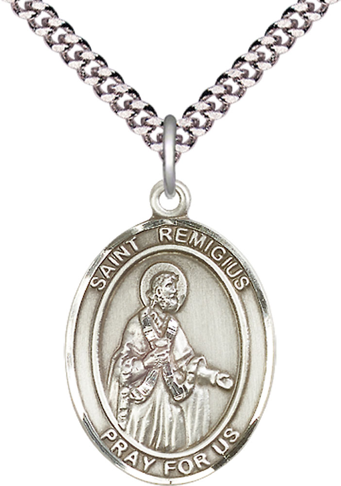 Sterling Silver Saint Remigius of Reims Pendant on a 24 inch Light Rhodium Heavy Curb chain