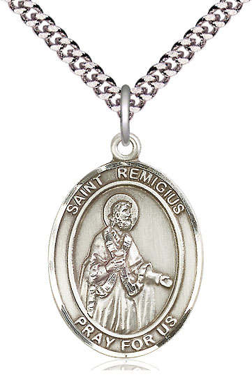 Sterling Silver Saint Remigius of Reims Pendant on a 24 inch Light Rhodium Heavy Curb chain