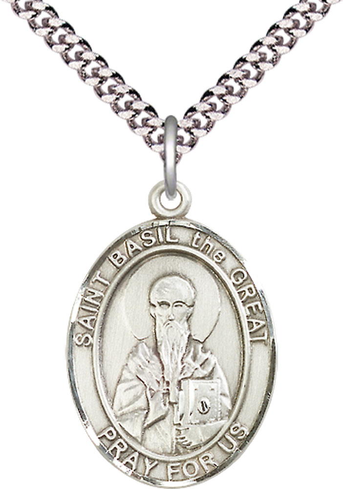 Sterling Silver Saint Basil the Great Pendant on a 24 inch Light Rhodium Heavy Curb chain