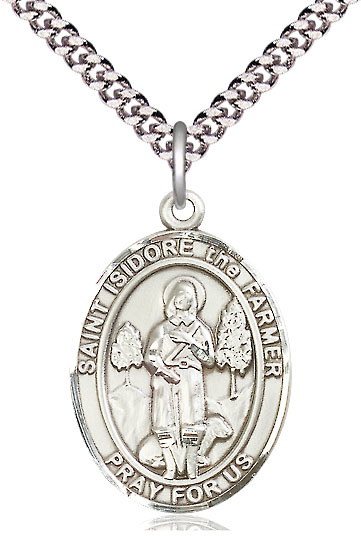 Sterling Silver Saint Isidore the Farmer Pendant on a 24 inch Light Rhodium Heavy Curb chain