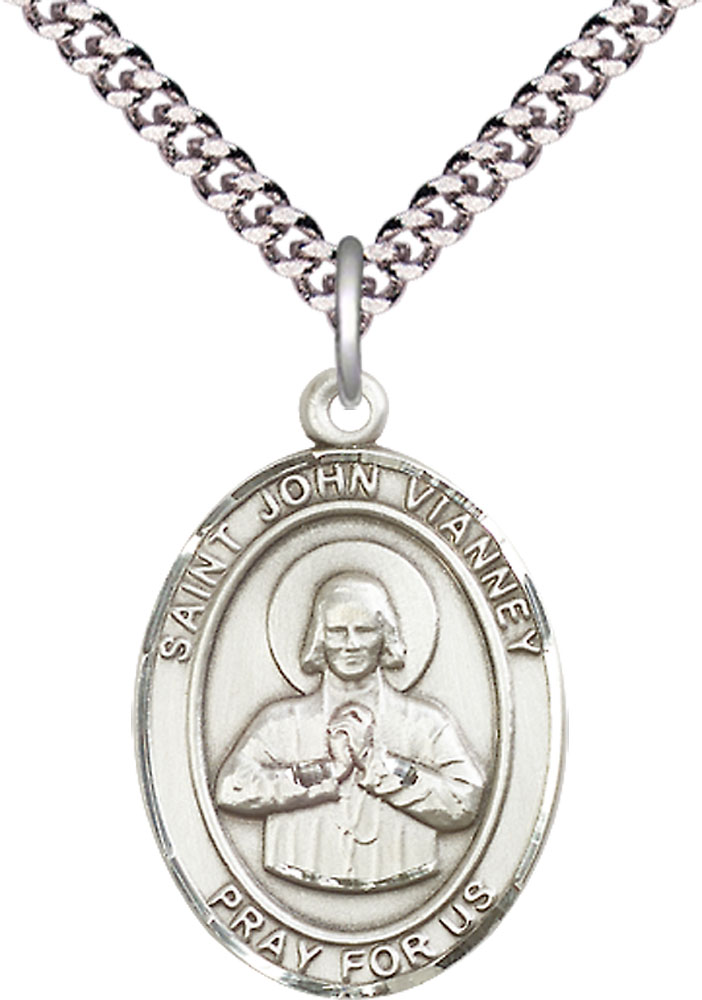 Sterling Silver Saint John Vianney Pendant on a 24 inch Light Rhodium Heavy Curb chain