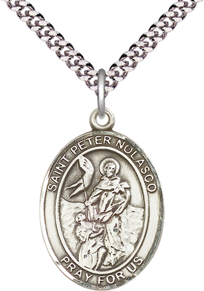 Sterling Silver Saint Peter Nolasco Pendant on a 24 inch Light Rhodium Heavy Curb chain