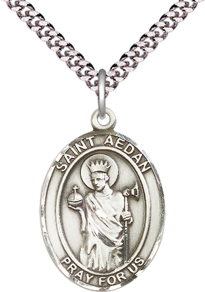 Sterling Silver Saint Aedan of Ferns Pendant on a 24 inch Light Rhodium Heavy Curb chain