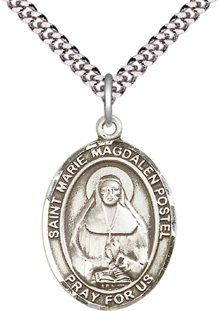 Sterling Silver Marie Magdalen Postel Pendant on a 24 inch Light Rhodium Heavy Curb chain