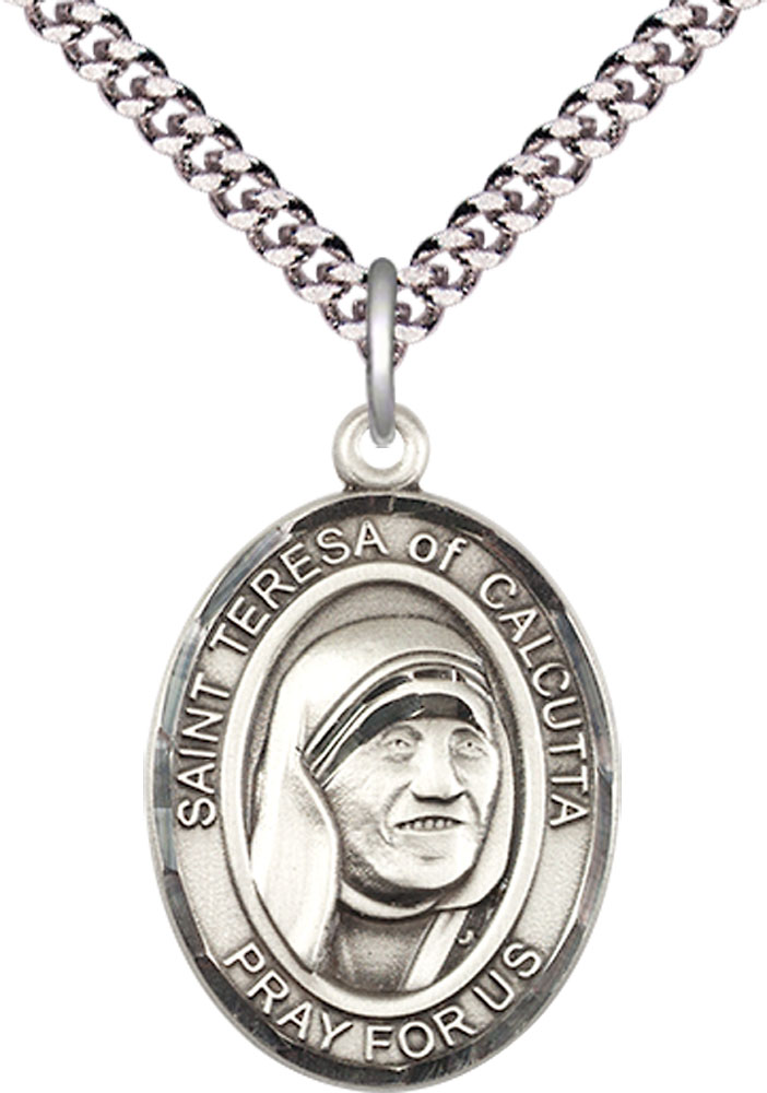 Sterling Silver Saint Teresa of Calcutta Pendant on a 24 inch Light Rhodium Heavy Curb chain