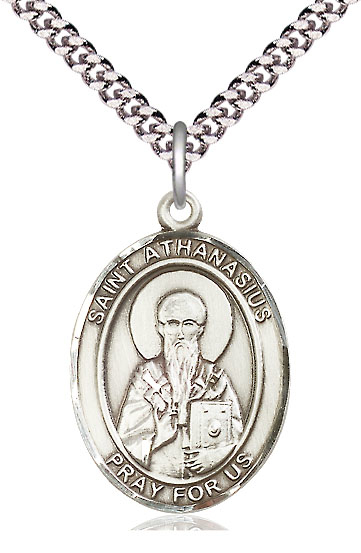 Sterling Silver Saint Athanasius Pendant on a 24 inch Light Rhodium Heavy Curb chain