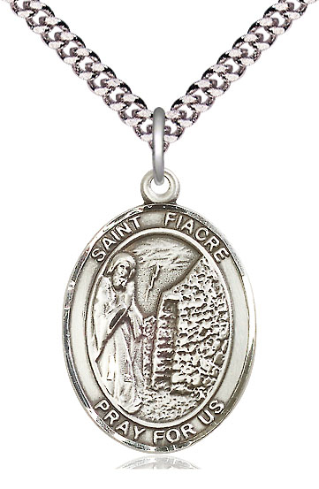 Sterling Silver Saint Fiacre Pendant on a 24 inch Light Rhodium Heavy Curb chain