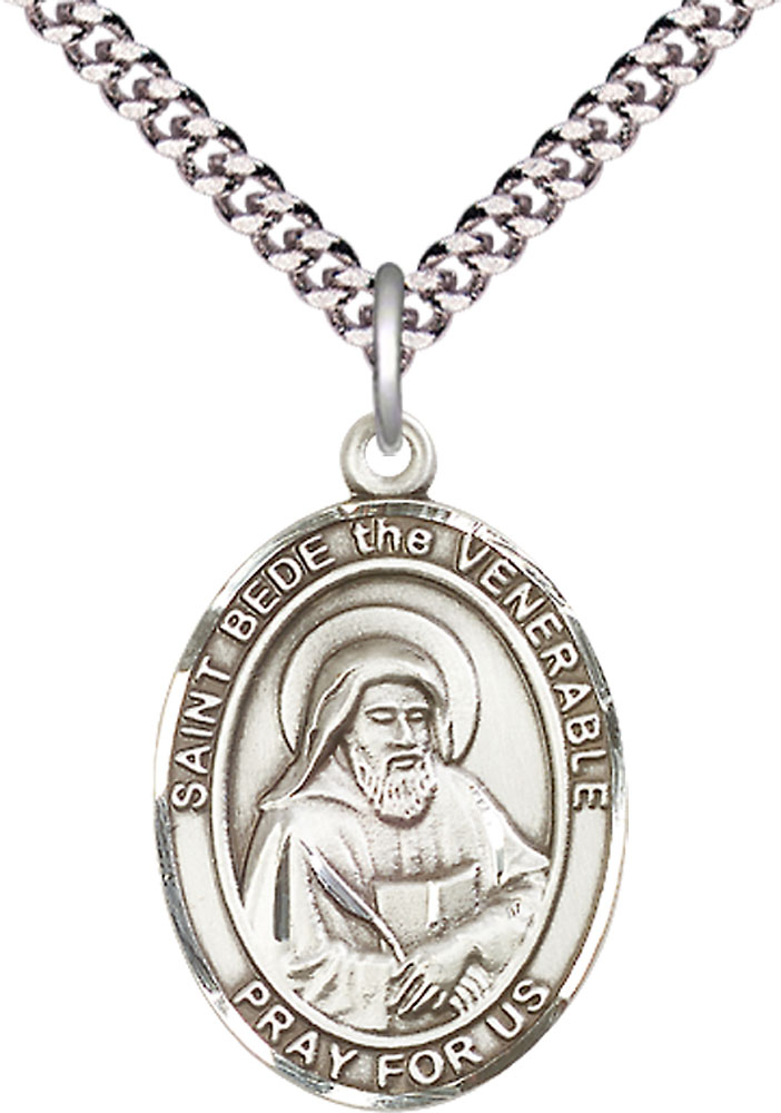 Sterling Silver Saint Bede the Venerable Pendant on a 24 inch Light Rhodium Heavy Curb chain