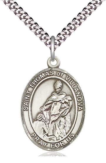 Sterling Silver Saint Thomas of Villanova Pendant on a 24 inch Light Rhodium Heavy Curb chain