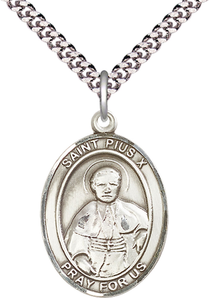 Sterling Silver Saint Pius X Pendant on a 24 inch Light Rhodium Heavy Curb chain