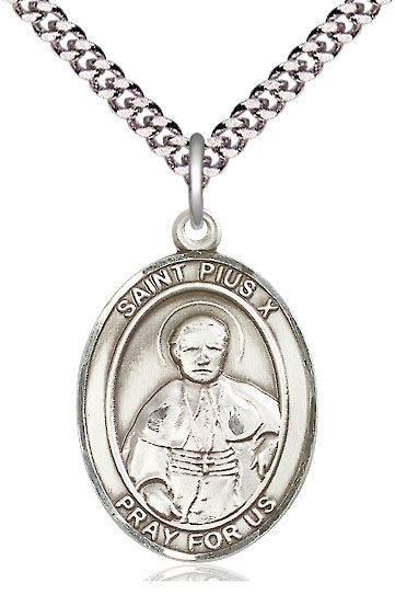 Sterling Silver Saint Pius X Pendant on a 24 inch Light Rhodium Heavy Curb chain
