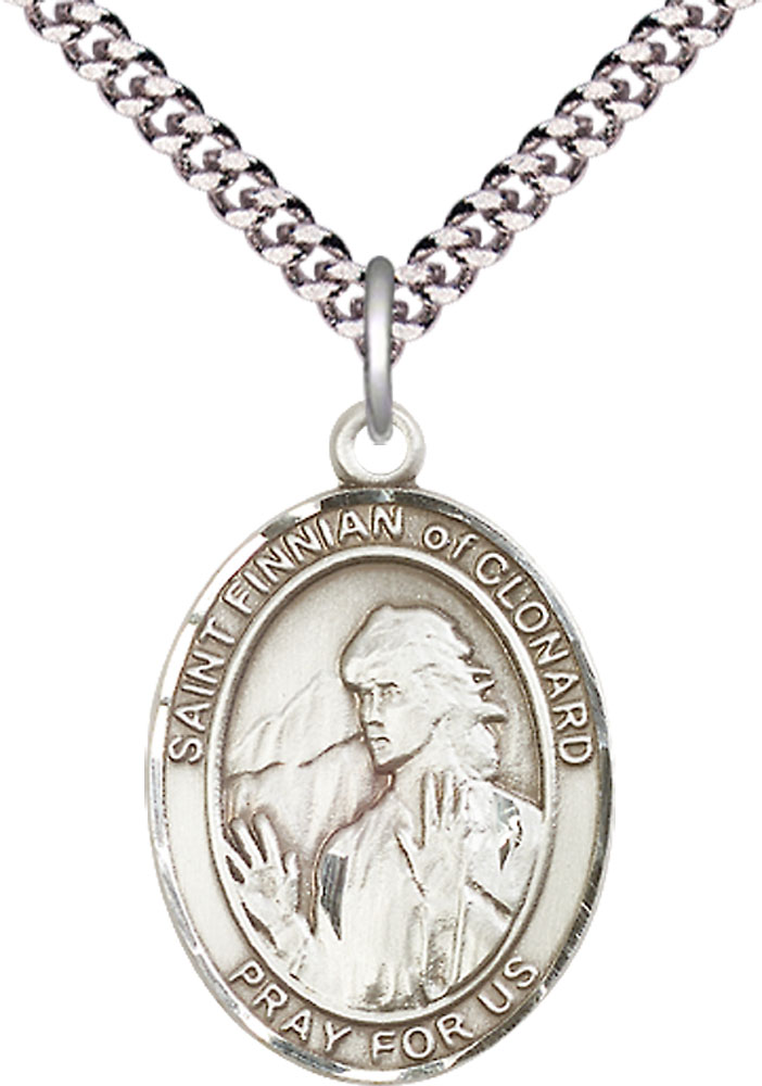 Sterling Silver Saint Finnian of Clonard Pendant on a 24 inch Light Rhodium Heavy Curb chain