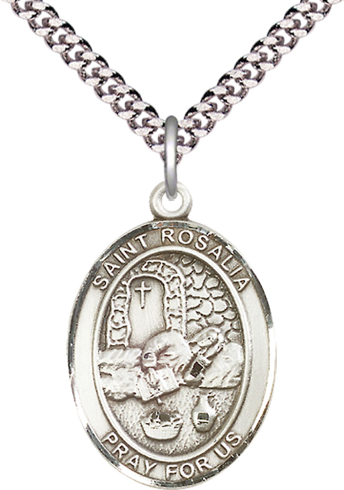 Sterling Silver Saint Rosalia Pendant on a 24 inch Light Rhodium Heavy Curb chain