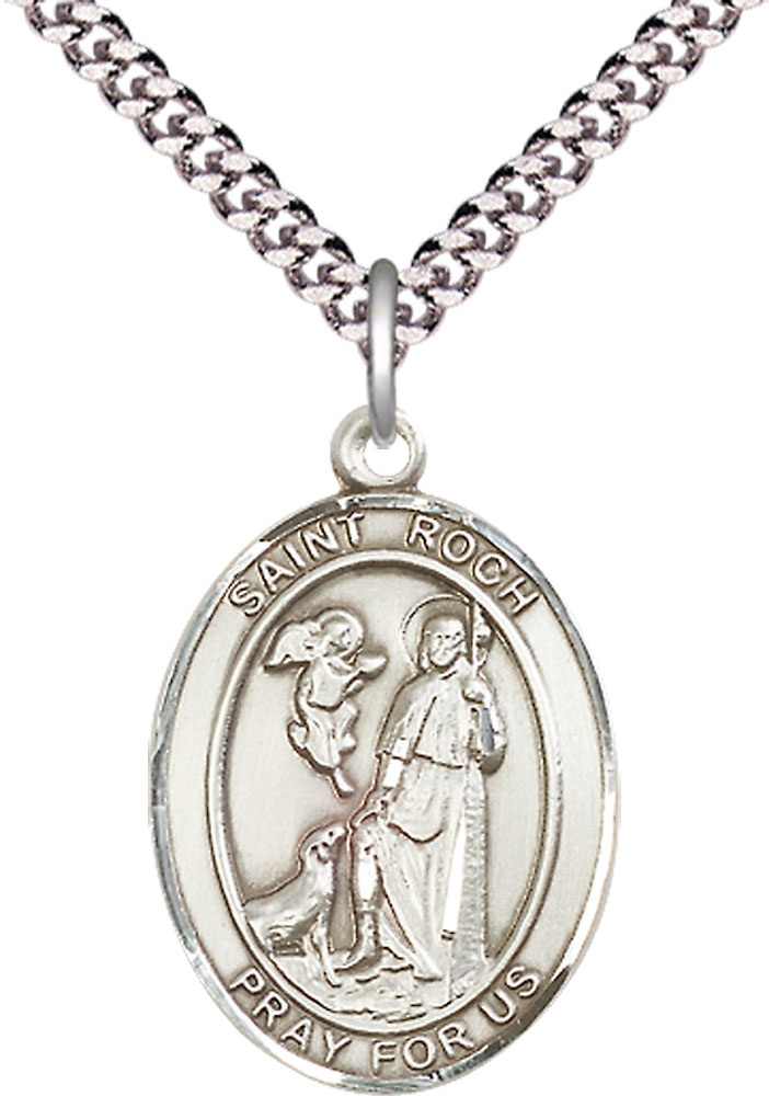Sterling Silver Saint Roch Pendant on a 24 inch Light Rhodium Heavy Curb chain